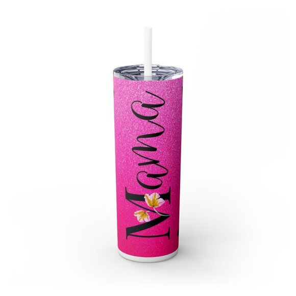 Mama Skinny Tumbler with Straw, 20oz | Floral Glitter Drinkware - Picture 5 of 5